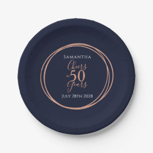50th Birthday Cheers to 50 Years Navy Rose Gold Paper Plate