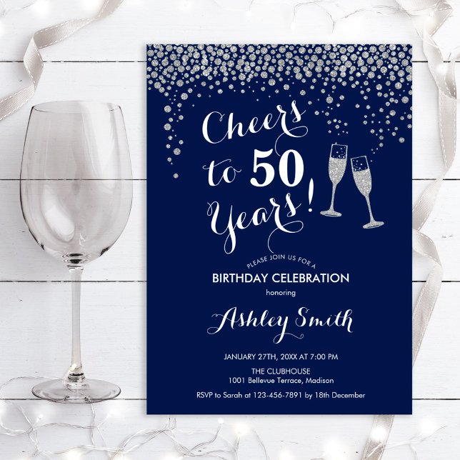 50th Birthday - Cheers To 50 Years Navy Silver Invitation (Creator Uploaded)