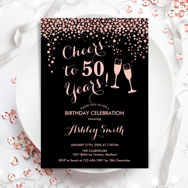50th Birthday - Cheers To 50 Years Rose Gold Black Invitation (Creator Uploaded)