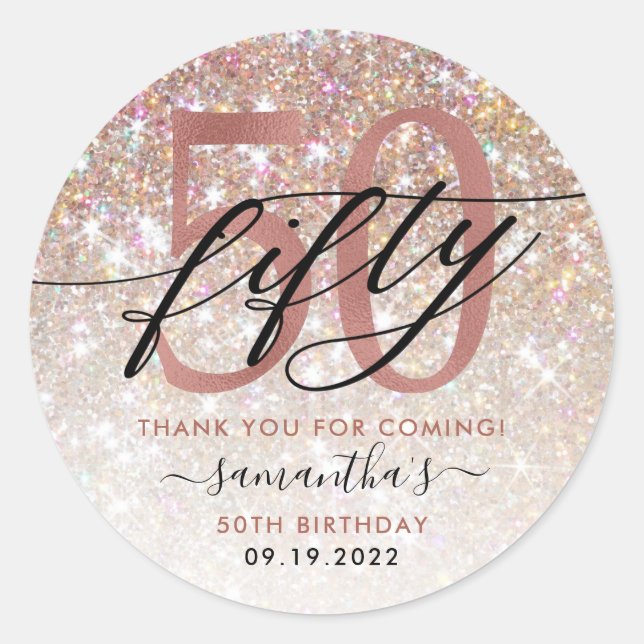 50th Birthday Chic Glitter Ombre Thank You Classic Round Sticker (Front)