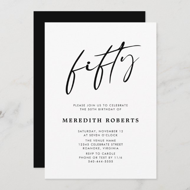 50th Birthday Chic Modern Script Minimalist Party  Invitation (Front/Back)