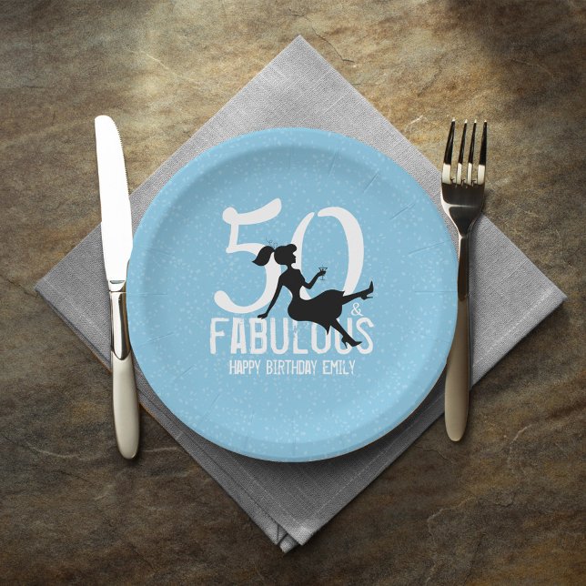 50th Birthday Chic Personalised Blue Paper Plate (Light Blue 50 and Fabulous custom party paper plate.)
