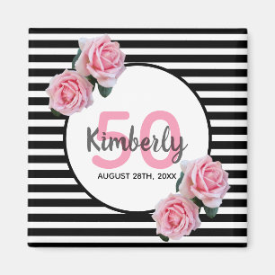50th birthday chic pink roses black white stripes magnet
