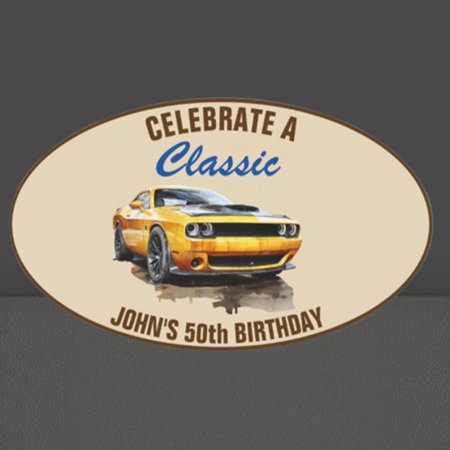 50th Birthday Classic Yellow Muscle Car  Oval Sticker (Celebrate a milestone with our stunning 50th Birthday Classic Yellow Muscle Car Oval Sticker!)