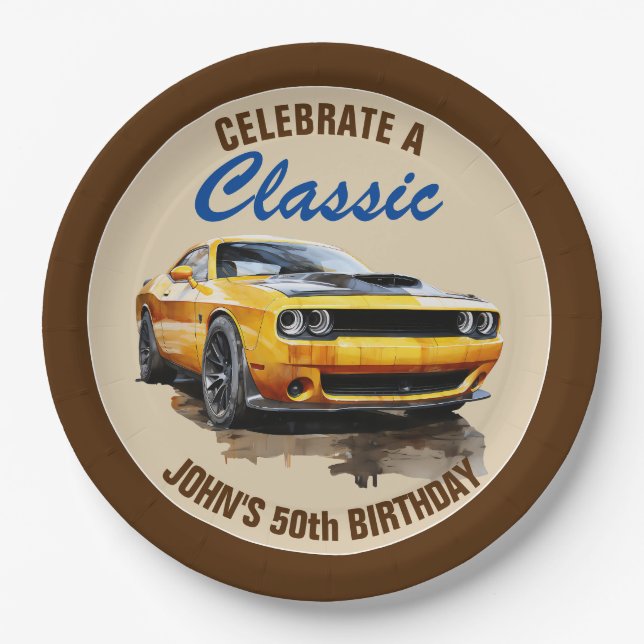 50th Birthday Classic Yellow Muscle Car  Paper Plate (Front)