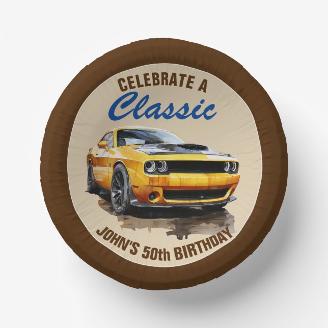 50th Birthday Classic Yellow Muscle Car  Paper Plate (Front)