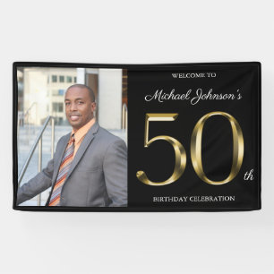 50th Birthday Classy Black Solid Gold Custom Photo Banner