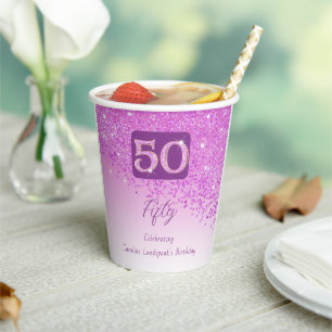 50th Birthday Classy Falling Pink Glitter Paper Cups
