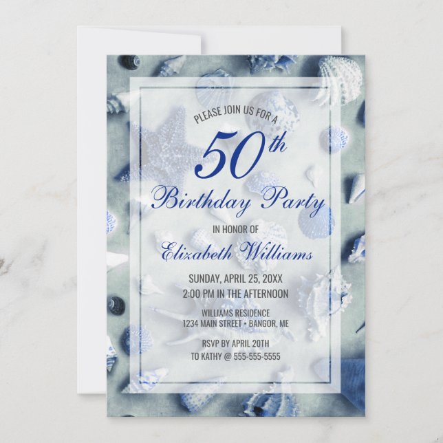 50th Birthday Coastal Seashells Blue Invitation (Front)