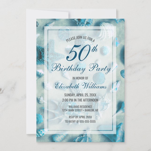 50th Birthday Coastal Seashells Turquoise Invitation (Front)