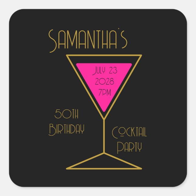 50th Birthday Cocktail Party Black Gold Hot Pink Square Sticker (Front)