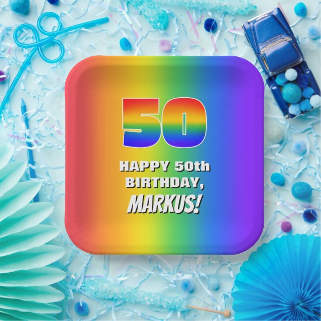 50th Birthday: Colorful, Fun Rainbow Pattern # 50 Paper Plate (Party)