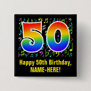 50th Birthday: Colorful Music Symbols, Rainbow 50 15 Cm Square Badge