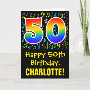 50th Birthday: Colorful Music Symbols + Rainbow 50 Card