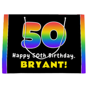 50th Birthday: Colorful Rainbow # 50, Custom Name Large Gift Bag