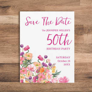 50th Birthday Colourful Floral Save the Date Announcement Postcard