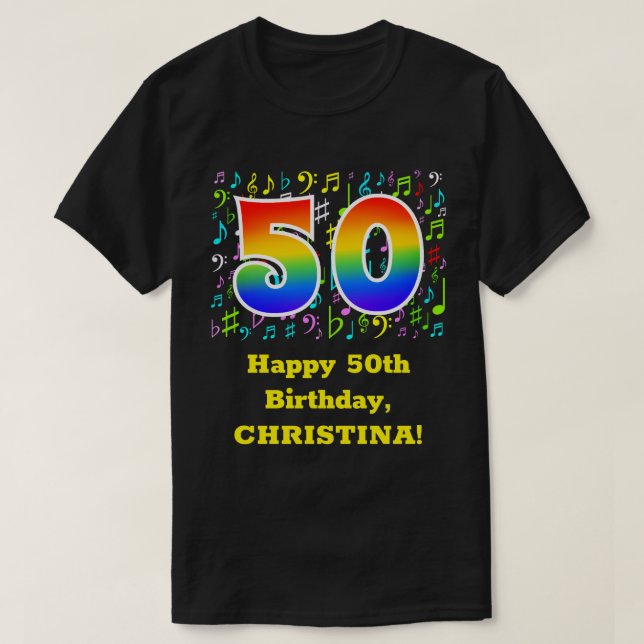 50th Birthday: Colourful Music Symbols, Rainbow 50 T-Shirt (Design Front)