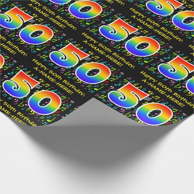 50th Birthday: Colourful Music Symbols, Rainbow 50 Wrapping Paper (Corner)