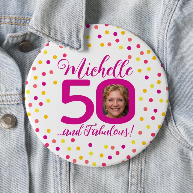 50th birthday colourful pink yellow confetti photo 6 cm round badge (In Situ)