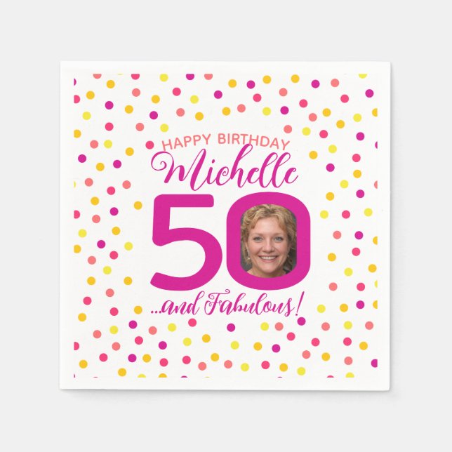 50th birthday colourful pink yellow confetti photo napkin (Front)