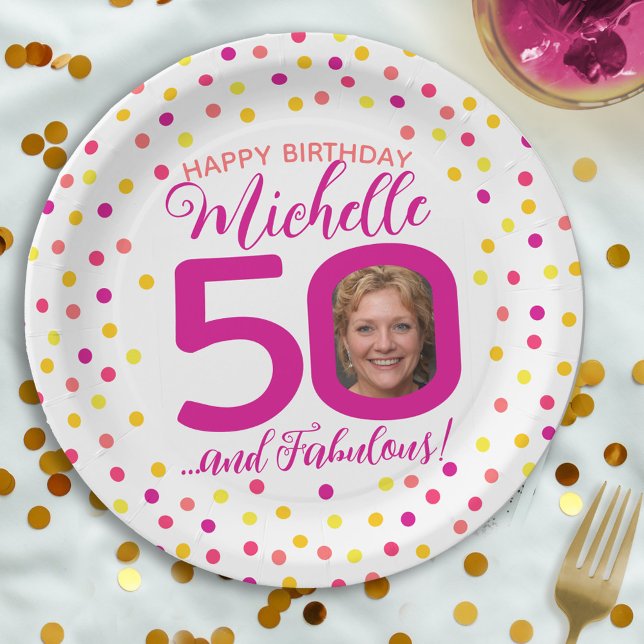 50th birthday colourful pink yellow confetti photo paper plate (Creator Uploaded)