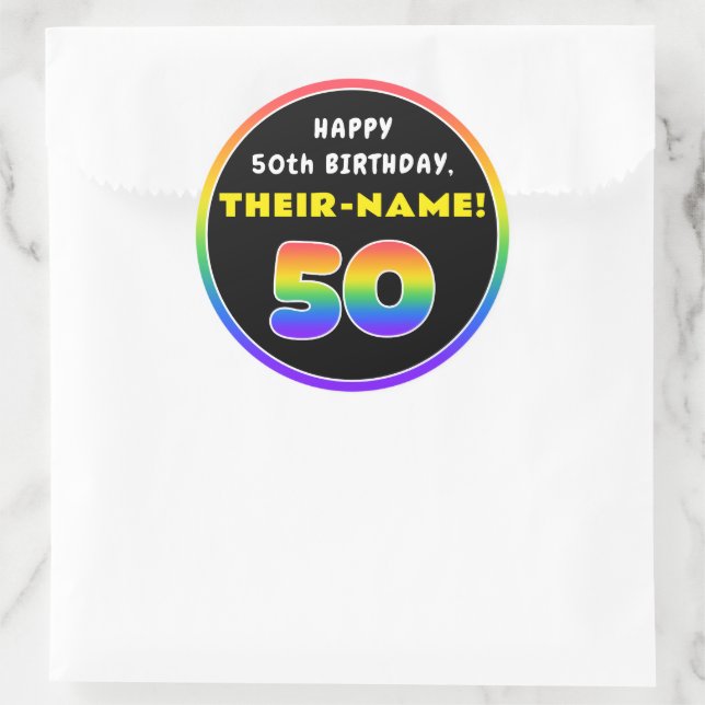 50th Birthday: Colourful Rainbow # 50, Custom Name Classic Round Sticker (Bag)