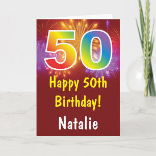 50th Birthday Colourful Rainbow Fireworks Red Card