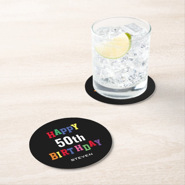 50th Birthday Colourful Typography Fun Personalise Round Paper Coaster (Insitu)