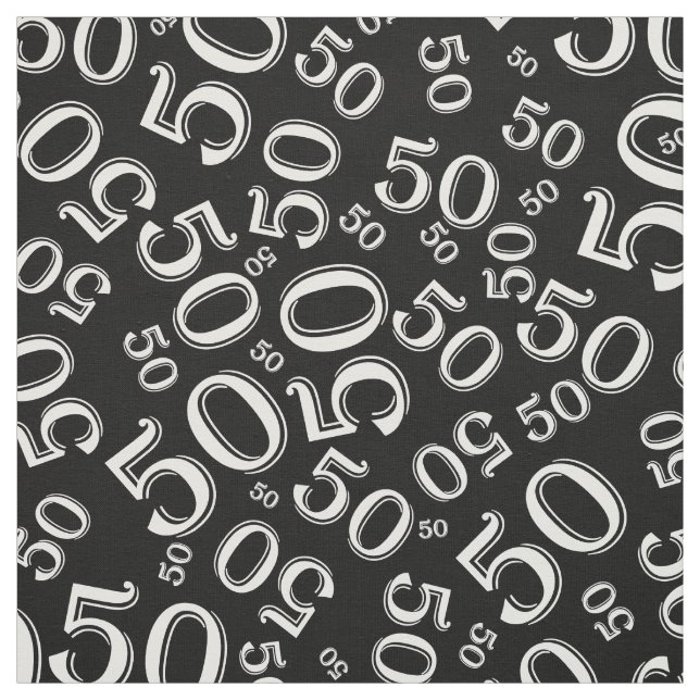50th Birthday Cool Number Pattern Black/White 50 Fabric (Swatch)