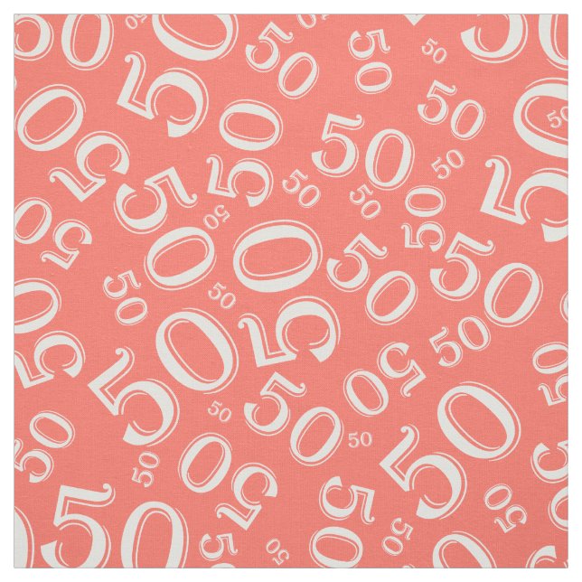 50th Birthday Cool Number Pattern Coral/White Fabric (Swatch)