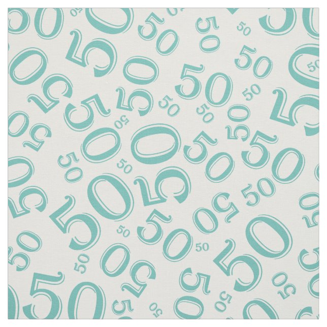 50th Birthday Cool Number Pattern Teal/White Fabric (Swatch)