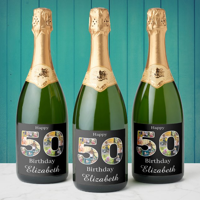 50th Birthday Create Your Own Multi Photo Sparkling Wine Label (50th birthday sparkling wine labels with photo collage.)