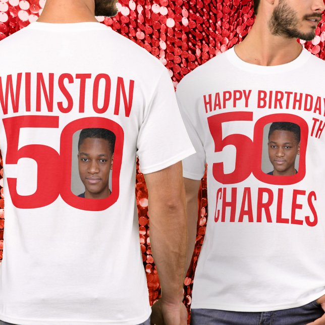 50th birthday custom name and photo template red T-Shirt (Creator Uploaded)