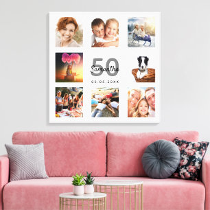 50th birthday custom photo collage white monogram canvas print