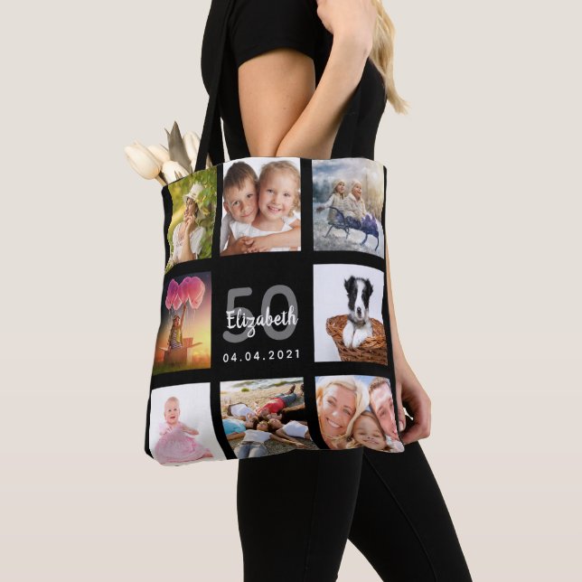 50th birthday custom photo collage woman black tote bag (Close Up)