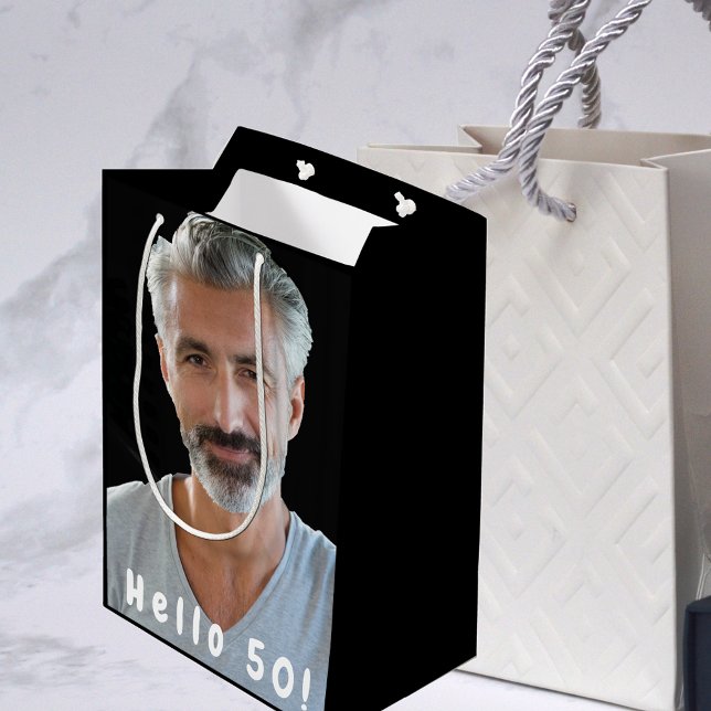 50th birthday custom photo hello 50 guy man medium gift bag (Creator Uploaded)