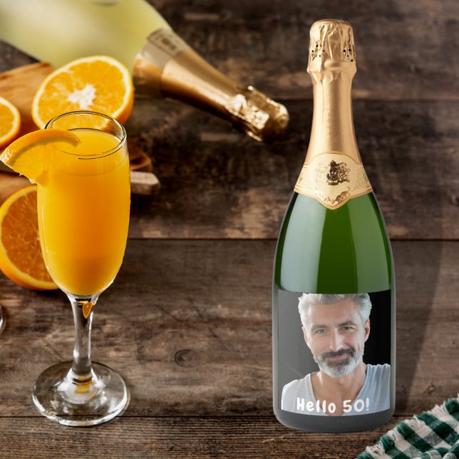 50th birthday custom photo hello 50 guys men sparkling wine label (Creator Uploaded)