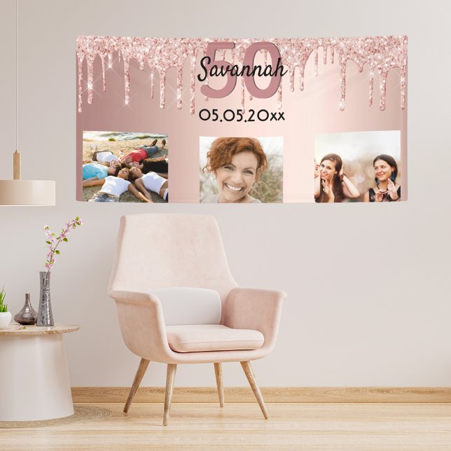 50th birthday custom photo rose gold pink glitter banner (Creator Uploaded)