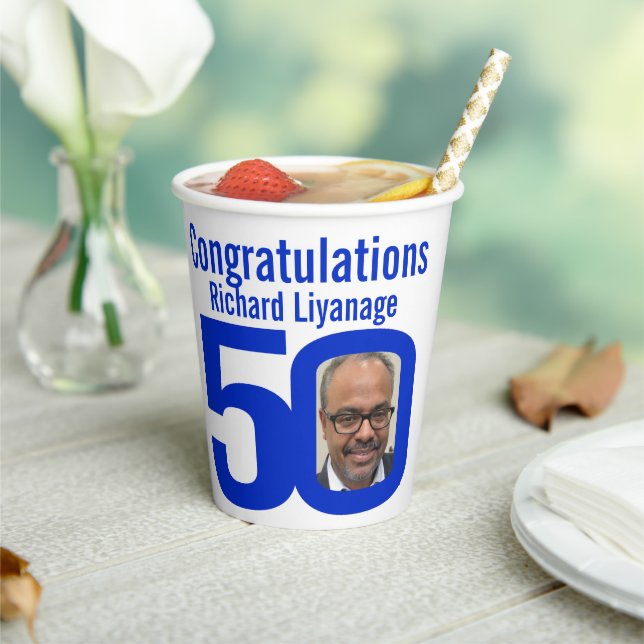 50th birthday custom two photo white blue text paper cups (Insitu)