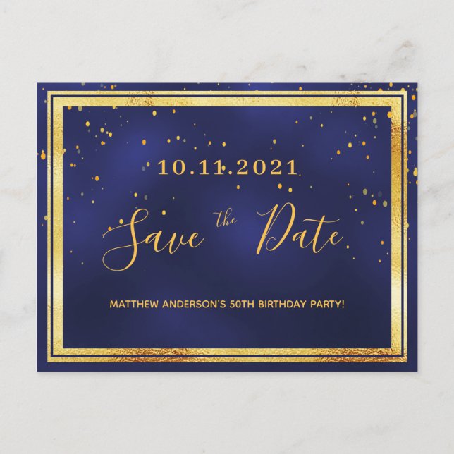 50th birthday dark blue gold save the date postcard (Front)