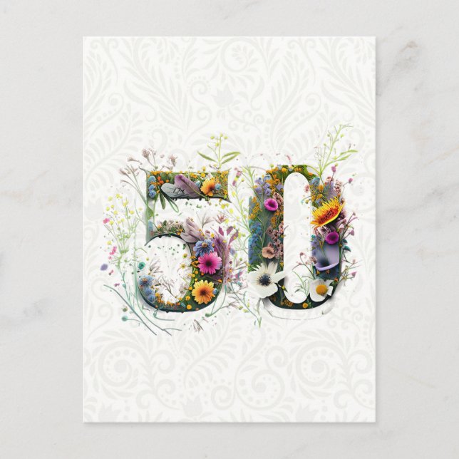 50th Birthday Decorative Wildflower Text Postcard (Front)