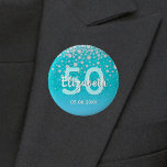 50th birthday diamonds glitter teal blue green<br><div class="desc">An elegant, glamourous and girly 50th birthday party button. Teal, blue green coloured faux glitter with faux diamond sprinkle and a golden frame. Templates for a name, age 50 and a date. Date of birth or the date of the party/anniversary. White and teal coloured letters. The name is written with...</div>