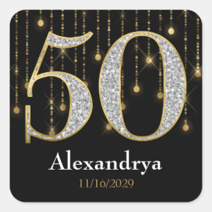 50th Birthday Diamonds Gold Favor Tags Stickers