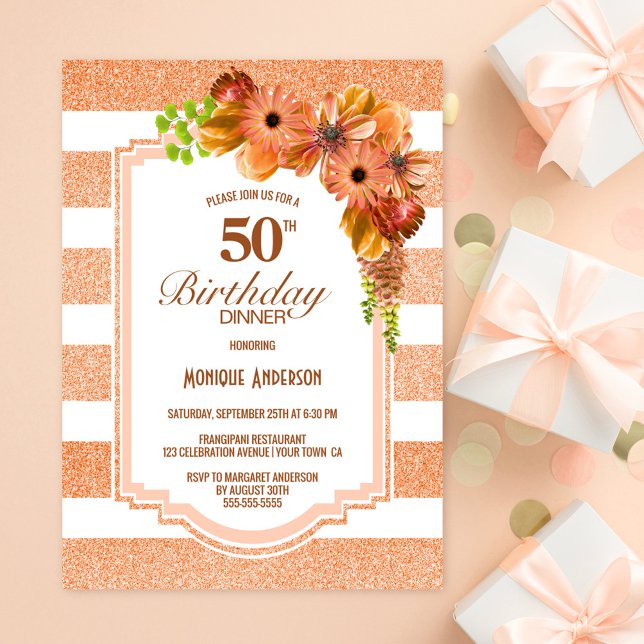 50th Birthday Dinner Apricot Striped Floral Party Invitation (Creator Uploaded)