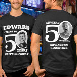 50th Birthday doubled sided photo name white text<br><div class="desc">Happy 50th Birthday white text, name and two photos t-shirt. Fun double sided 50th personalised photo t-shirt in bold white text design. Personalise this birthday shirt with a photograph of the birthday person in the middle of the number 0 on both the front and the back. Great idea for adding...</div>