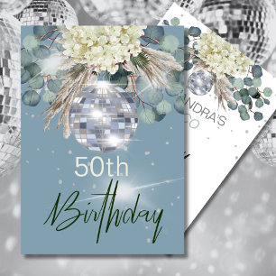 50th Birthday Dusty Blue Floral Disco Ball Invitation