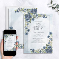 50th Birthday Dusty Blue Watercolor Floral