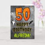 50th Birthday: Eerie Halloween Theme   Custom Name Card<br><div class="desc">The front of this scary and spooky Hallowe’en themed birthday greeting card design features a large number “50”. It also features the message “HAPPY BIRTHDAY, ”, and an editable name. There are also depictions of a ghost and a bat on the front. The inside features a custom birthday greeting message,...</div>