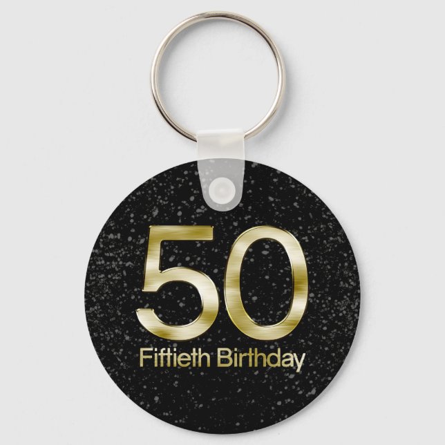 50th Birthday, Elegant Black Gold Glam Key Ring (Front)