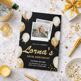 50th Birthday Elegant Black & Gold Photo Collage Invitation
